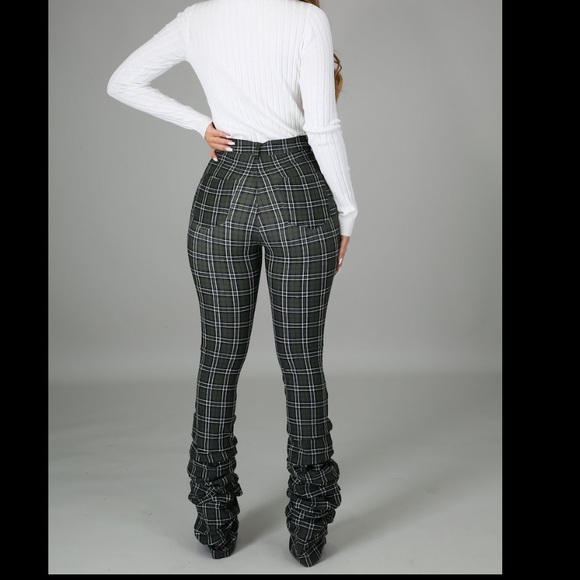 Plaid Stacked Pants - Olive - Picture 3 of 7